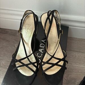 Escada Black Satin Strappy Heels – Size 38 – In Box